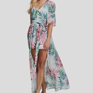 Kensie "NEW" White Green Floral V-Neck Tropical Bohemian Maxi Romper Jumpsuit *4